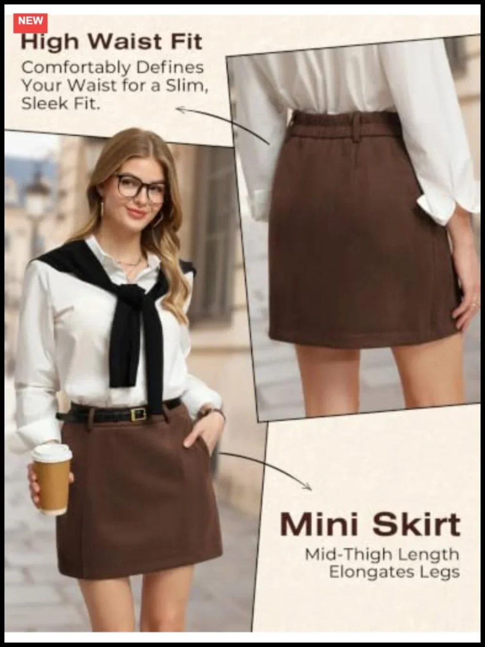 Faux Suede High Waisted A-Line Skort with Pockets | Anti-Exposure Built-in